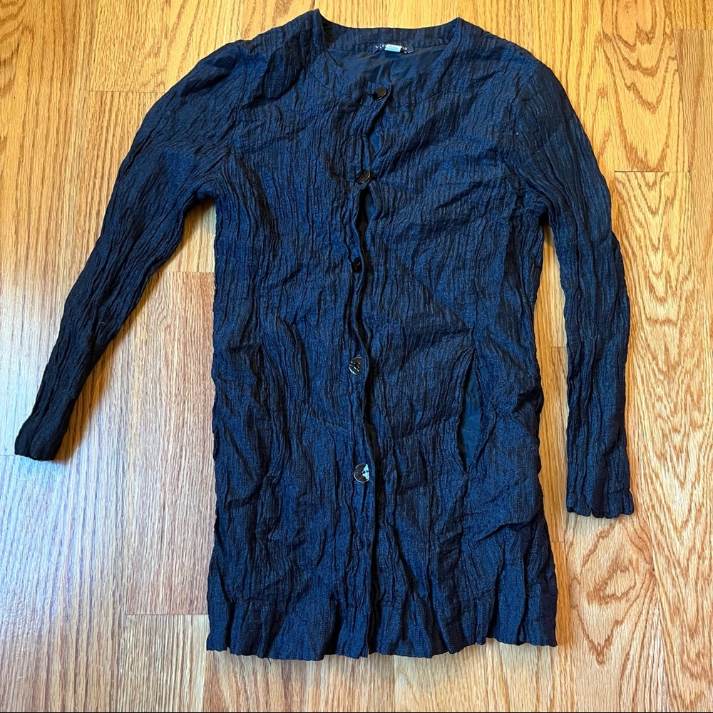 Eileen Fisher black ruched button down shirt size small